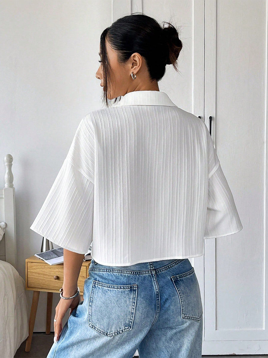 Blouse For Women White Turndown Collar Clothes Chic Buttons Half Sleeves Tops