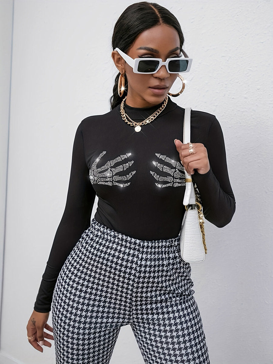 Long Sleeves Tees Black Skull Pattern Rhinestones Jewel Neck Women Tee Shirt