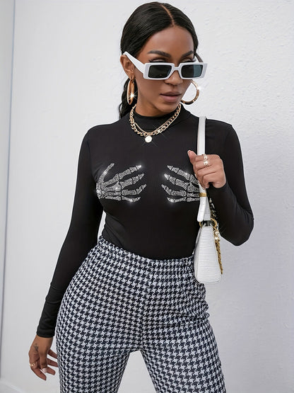 Long Sleeves Tees Black Skull Pattern Rhinestones Jewel Neck Women Tee Shirt