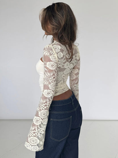 Long Sleeves Tees Black Lace Stand Collar T Shirt For Women