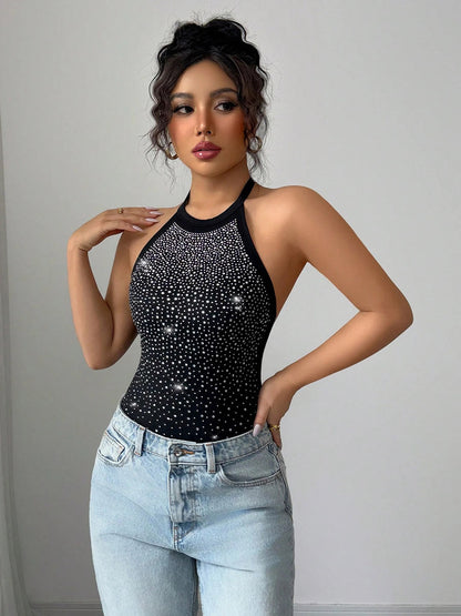 Sleeveless Bodysuit Black Halter Rhinestones Backless Chic Cotton Women Top