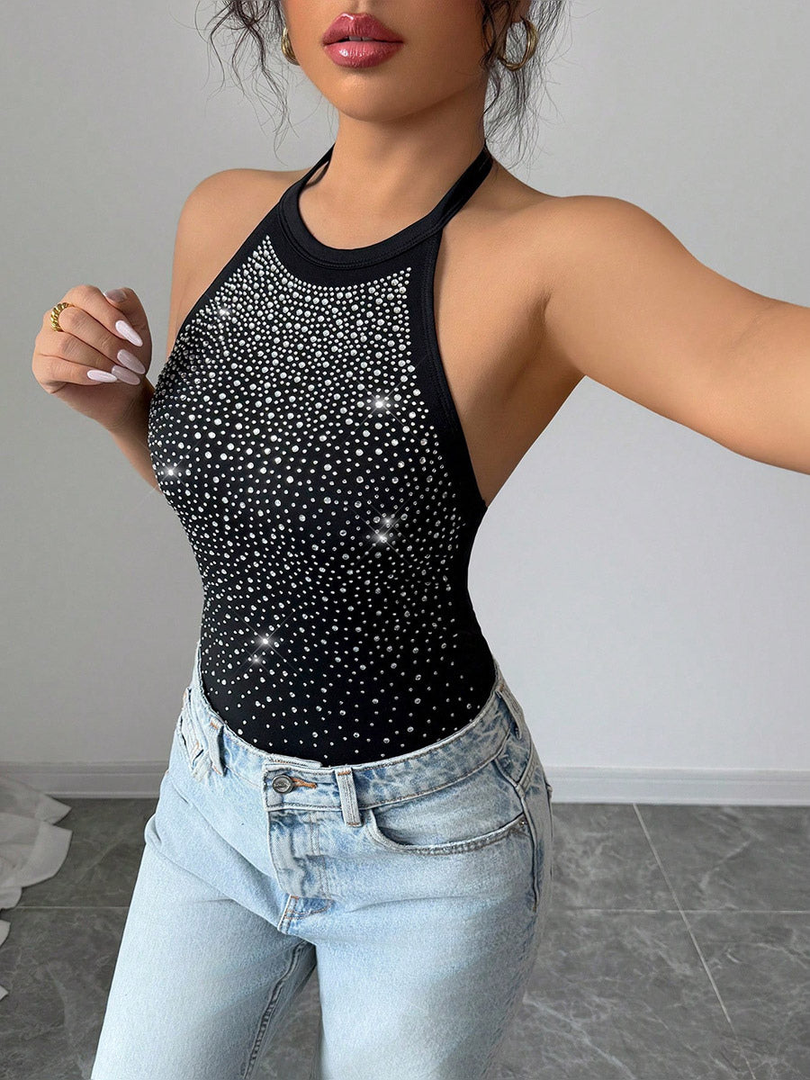 Sleeveless Bodysuit Black Halter Rhinestones Backless Chic Cotton Women Top