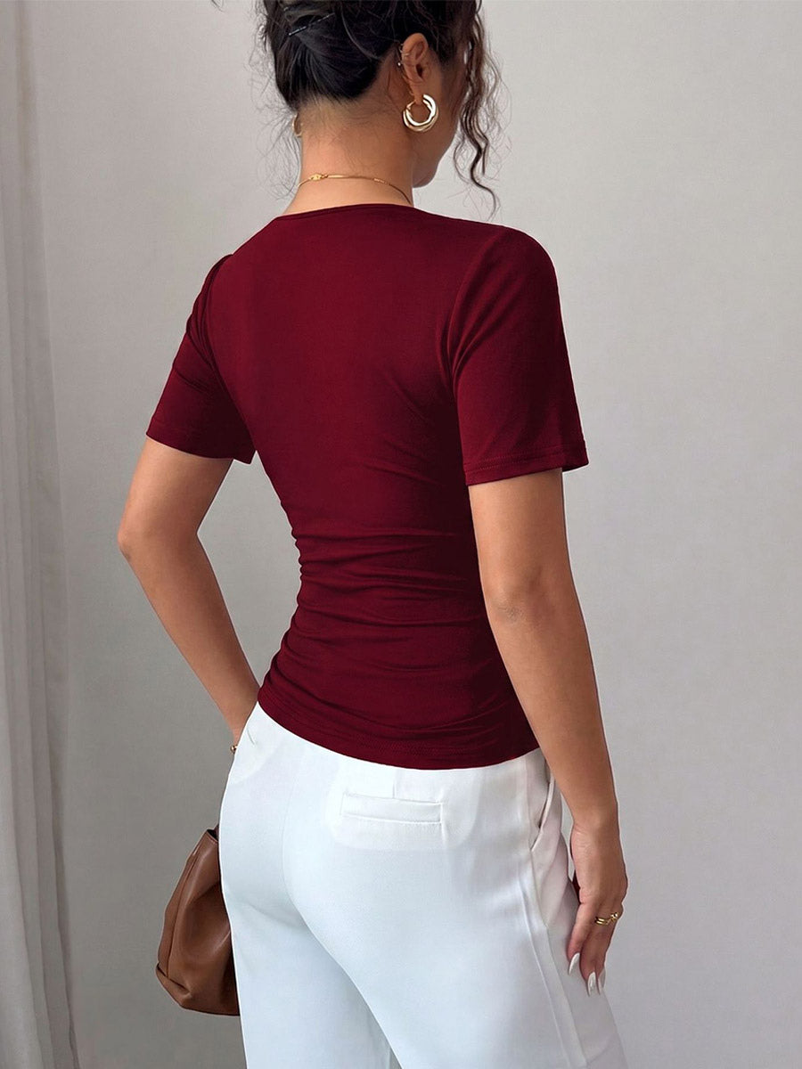 Short Sleeves Tees Black Pleated Pearls V-Neck Women Tee