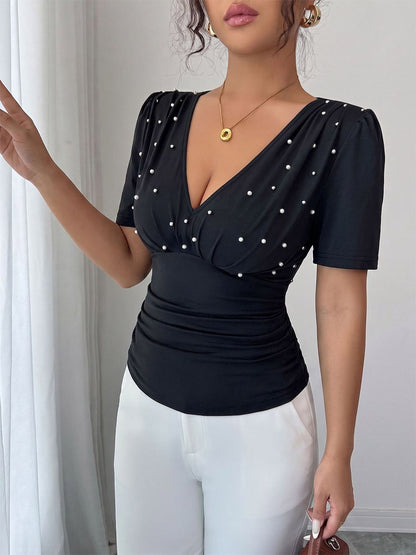 Short Sleeves Tees Black Pleated Pearls V-Neck Women Tee