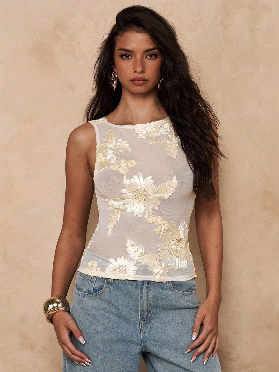 Apricot Cami Top Off-The-Shoulder Embroidered Tulle Casual Women Camis