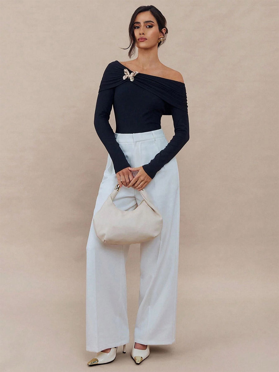 Long Sleeves Tees Black Pleated Off-The-Shoulder T Shirt For Women