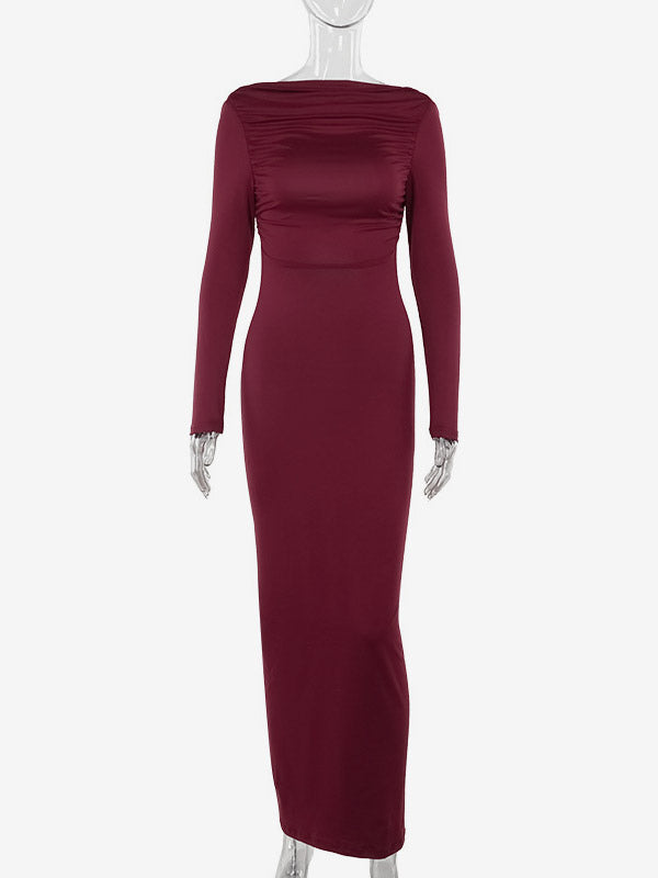 Night Out Dresses Burgundy Long Sleeves Off-The-Shoulder Backless Summer Dress