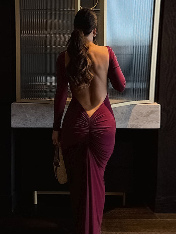 Night Out Dresses Burgundy Long Sleeves Off-The-Shoulder Backless Summer Dress