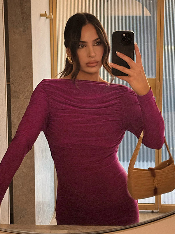 Night Out Dresses Burgundy Long Sleeves Off-The-Shoulder Backless Summer Dress