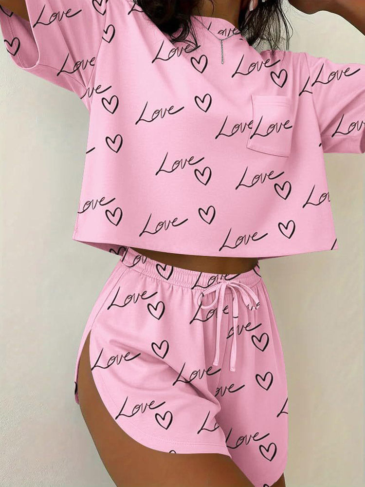 Two Piece Sets White Casual Printed Daily Casual Drawstring Jewel Neck T-Shirt Sleeves Short Sleeves Pant Set