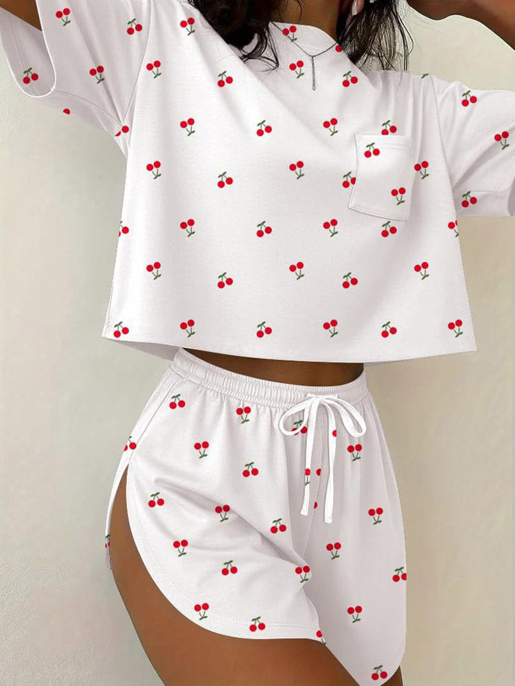 Two Piece Sets White Casual Printed Daily Casual Drawstring Jewel Neck T-Shirt Sleeves Short Sleeves Pant Set