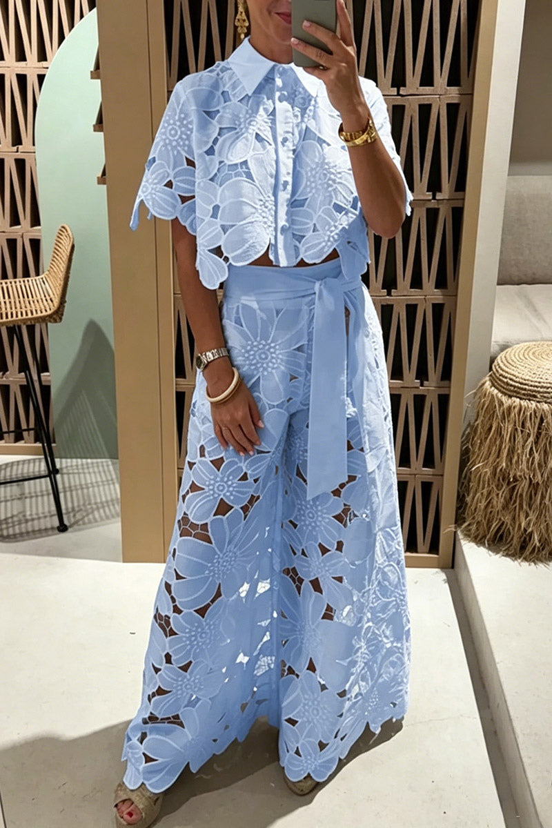 Two Piece Sets White Daily Casual Cut Out Turndown Collar Short Sleeves Elegant Pant Set