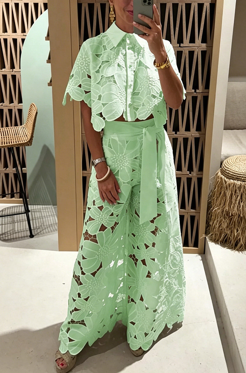 Two Piece Sets White Daily Casual Cut Out Turndown Collar Short Sleeves Elegant Pant Set
