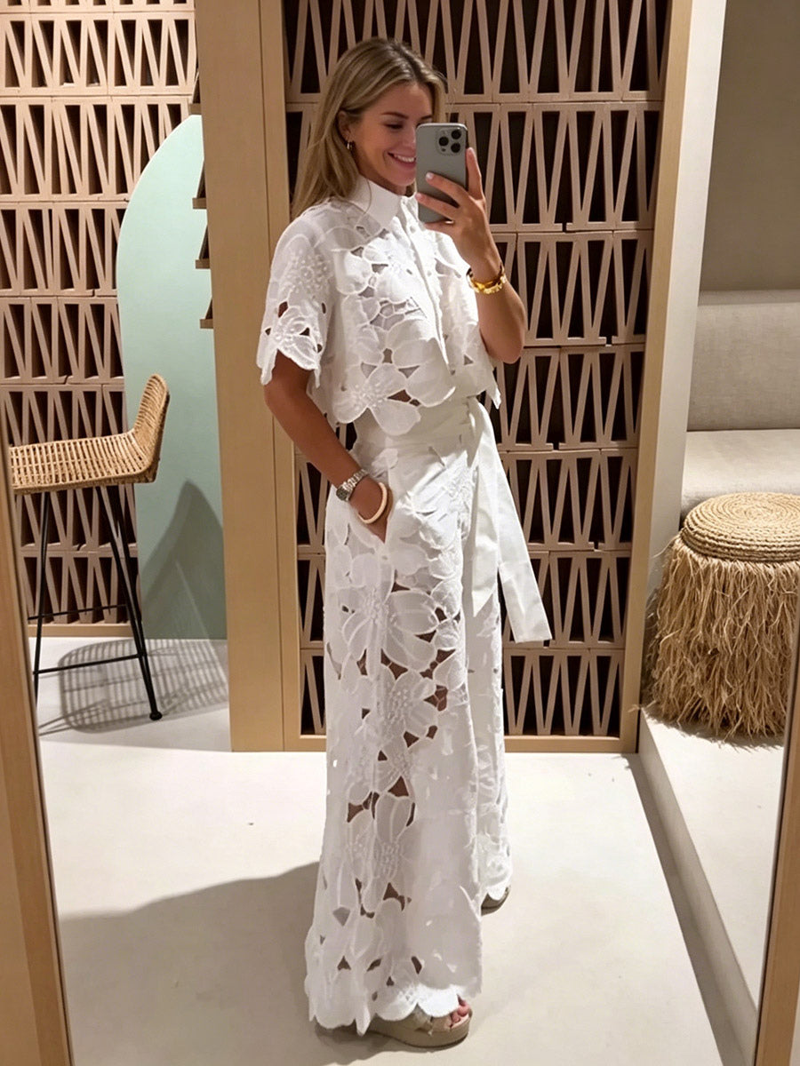 Two Piece Sets White Daily Casual Cut Out Turndown Collar Short Sleeves Elegant Pant Set