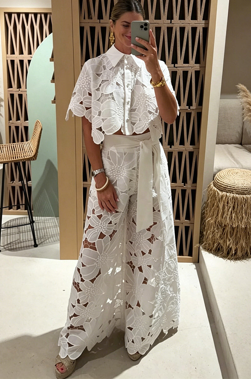 Two Piece Sets White Daily Casual Cut Out Turndown Collar Short Sleeves Elegant Pant Set