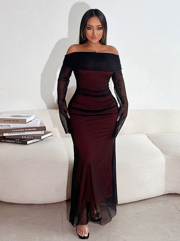 Night Out Dresses Burgundy Long Sleeves Off-The-Shoulder Summer Dress