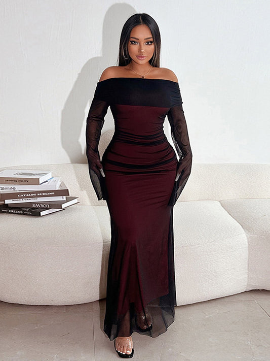 Night Out Dresses Burgundy Long Sleeves Off-The-Shoulder Summer Dress