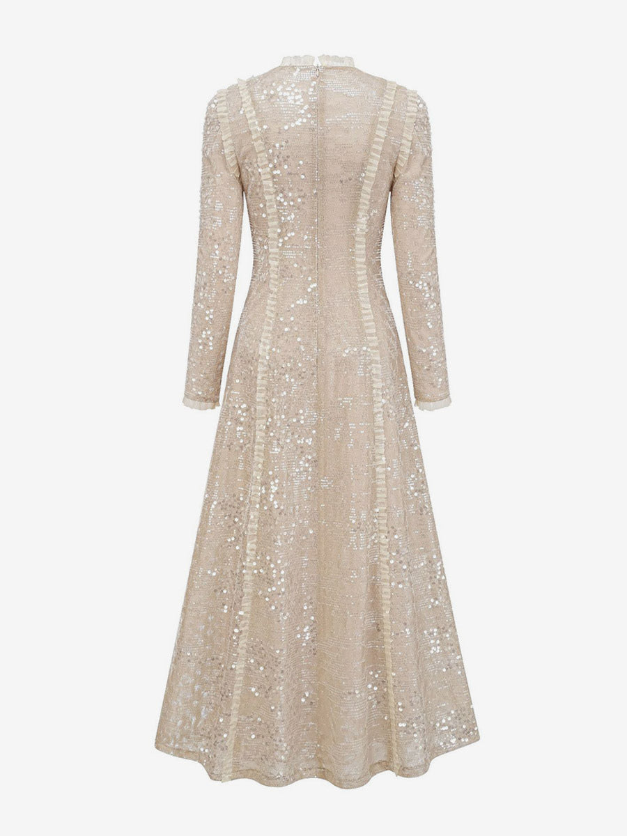 Party Dress Maxi Champagne Stand Collar Sequins Long Sleeves Elegant Semi Formal Dress