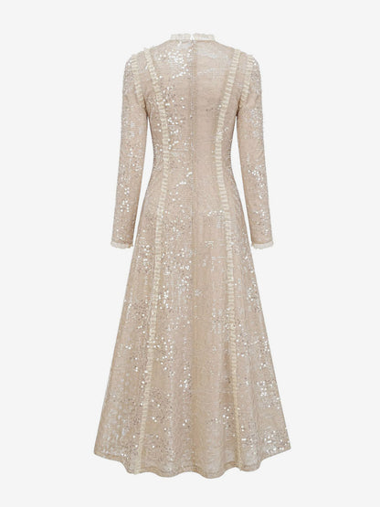 Party Dress Maxi Champagne Stand Collar Sequins Long Sleeves Elegant Semi Formal Dress
