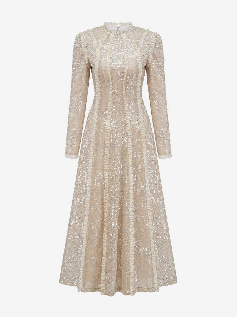 Party Dress Maxi Champagne Stand Collar Sequins Long Sleeves Elegant Semi Formal Dress