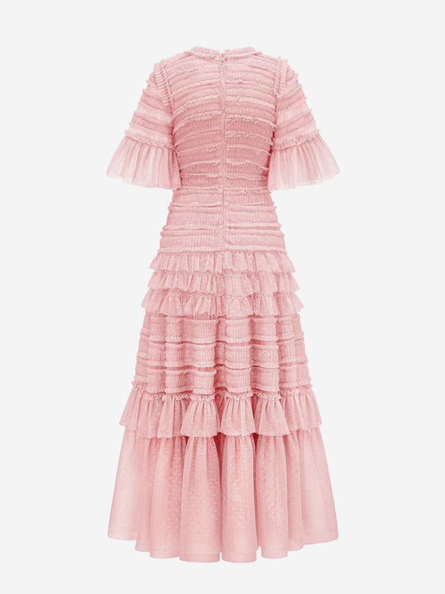 Date Night Dresses Maxi Layered Pleated Short Sleeves Jewel Neck Elegant Pink Dress