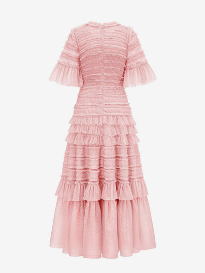 Date Night Dresses Maxi Layered Pleated Short Sleeves Jewel Neck Elegant Pink Dress
