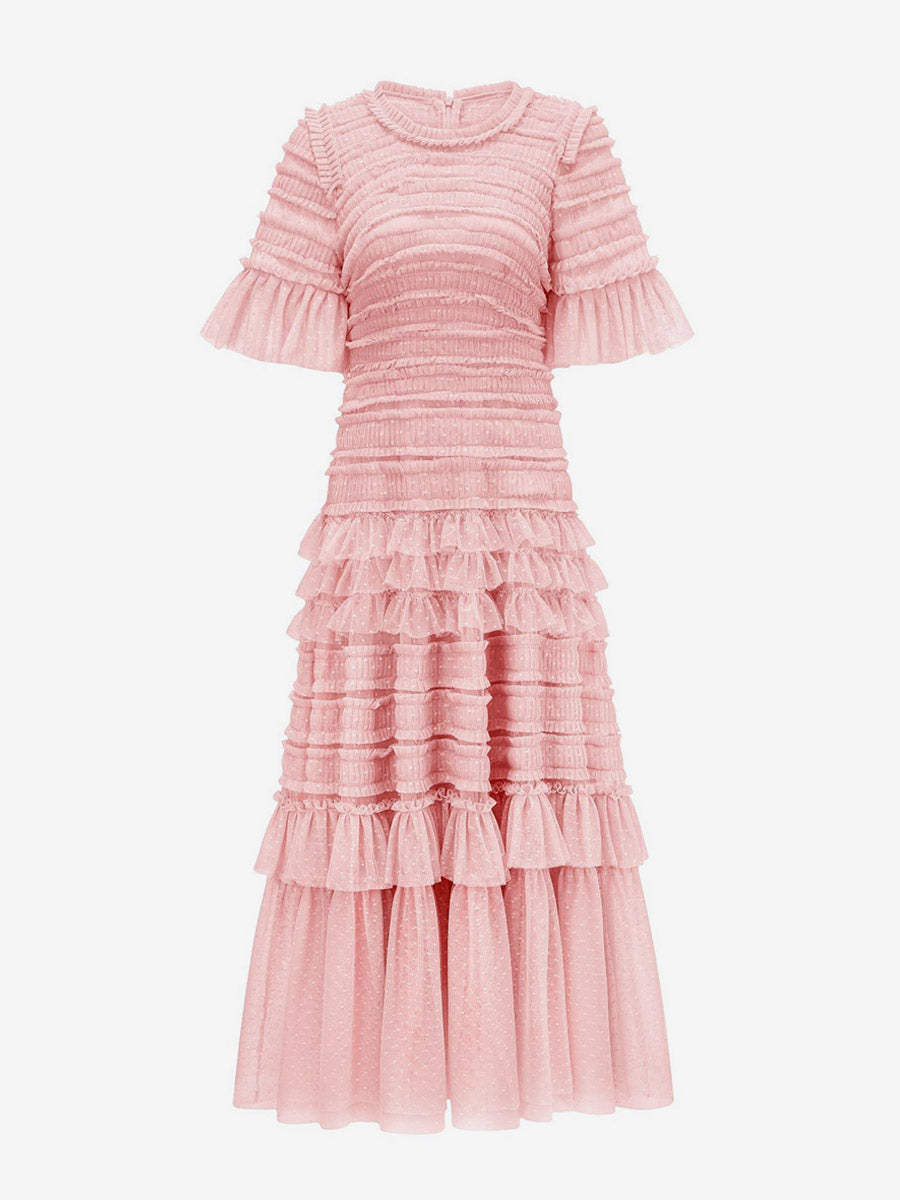 Date Night Dresses Maxi Layered Pleated Short Sleeves Jewel Neck Elegant Pink Dress