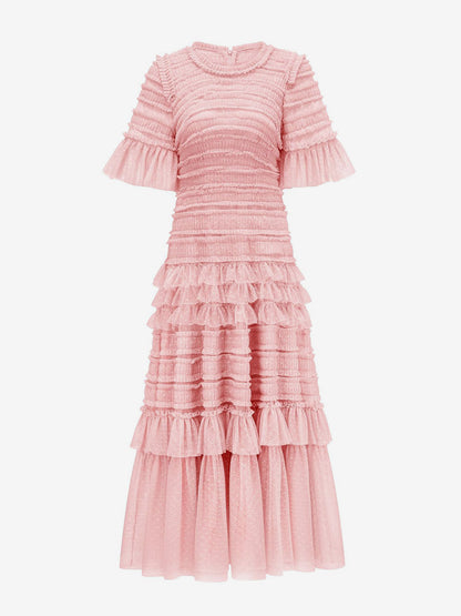 Date Night Dresses Maxi Layered Pleated Short Sleeves Jewel Neck Elegant Pink Dress
