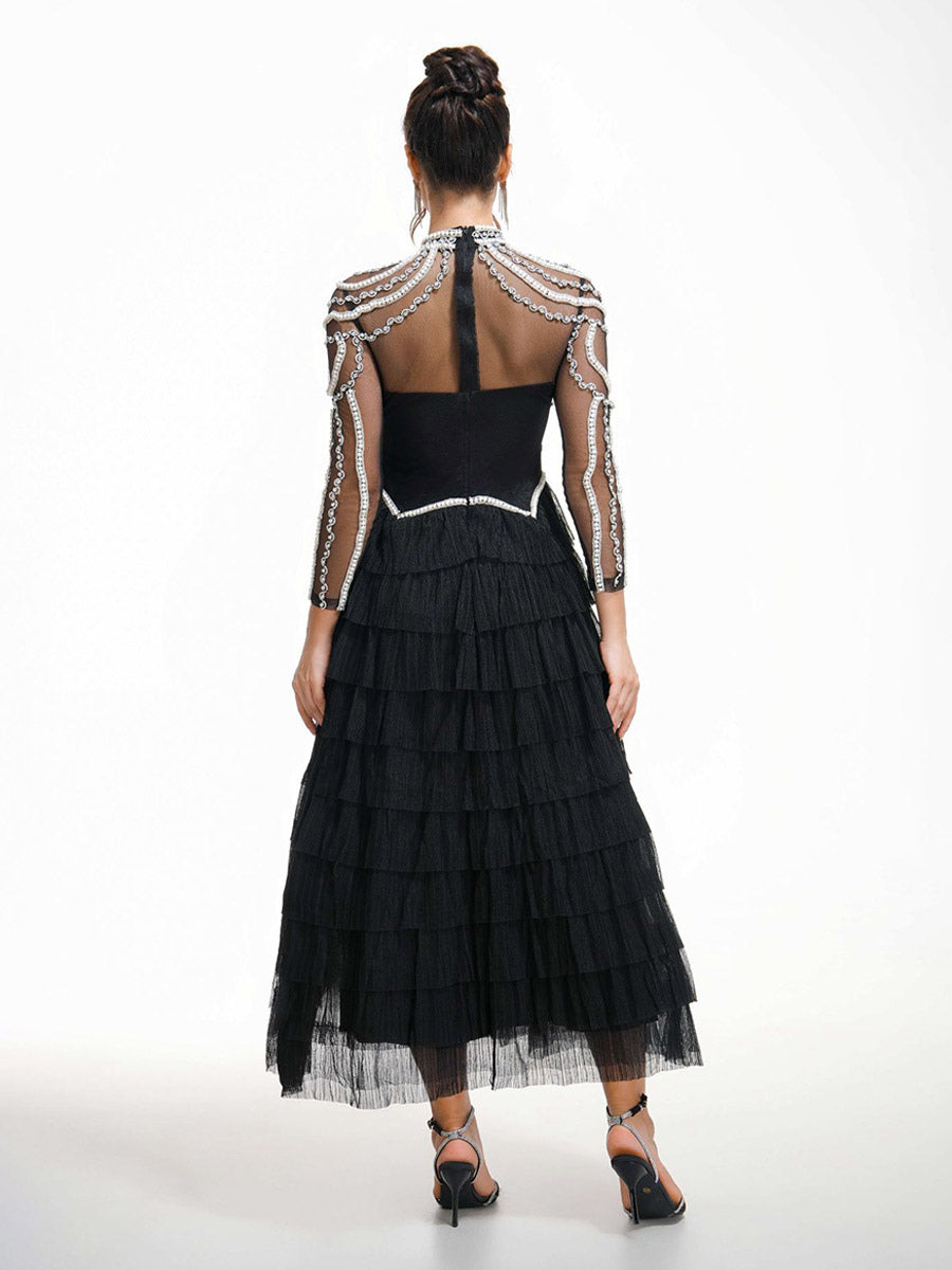 Party Dress Maxi Pink Stand Collar Beaded Long Sleeves Layered Flared Sleeves Chic Semi Formal Dress