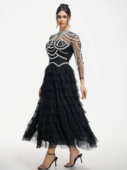 Party Dress Maxi Pink Stand Collar Beaded Long Sleeves Layered Flared Sleeves Chic Semi Formal Dress