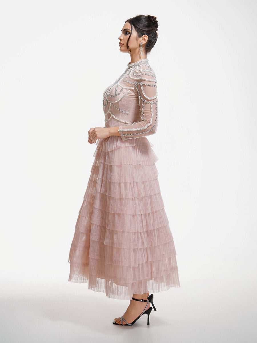 Party Dress Maxi Pink Stand Collar Beaded Long Sleeves Layered Flared Sleeves Chic Semi Formal Dress