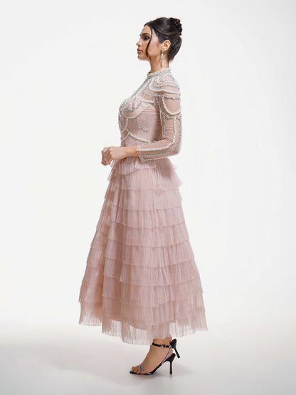 Party Dress Maxi Pink Stand Collar Beaded Long Sleeves Layered Flared Sleeves Chic Semi Formal Dress
