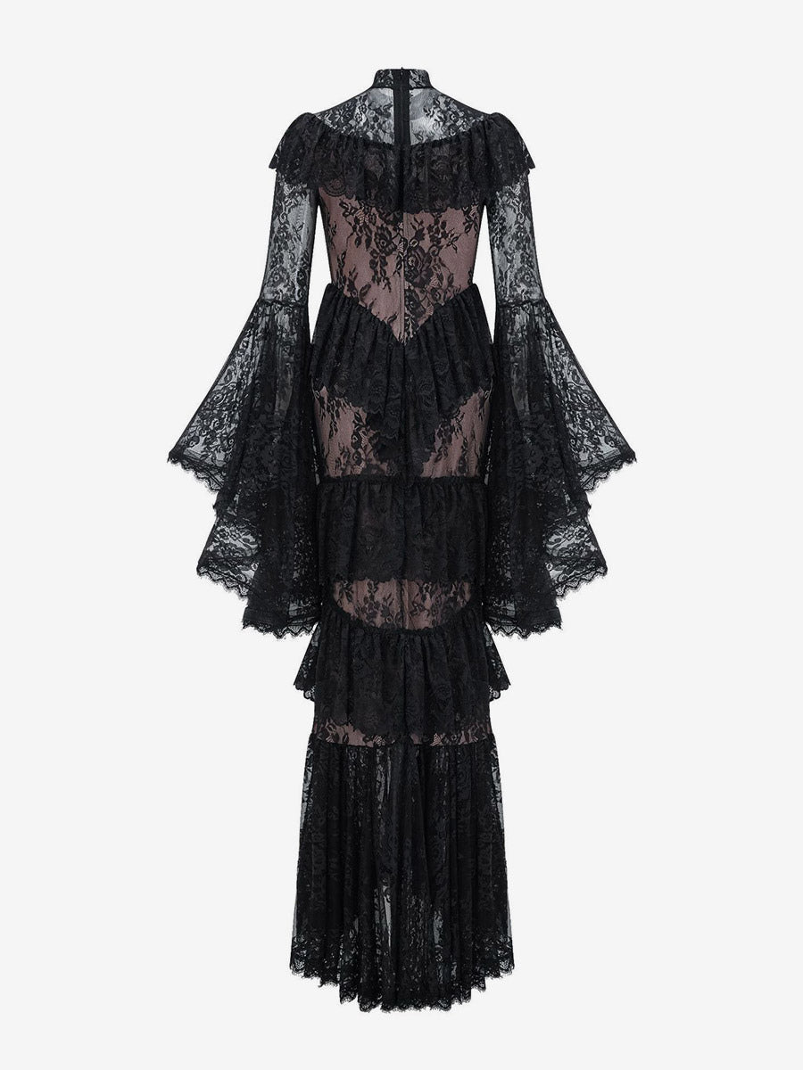 Party Dress Maxi White Stand Collar Lace Long Sleeves Shaping Flared Sleeves Chic Semi Formal Dress