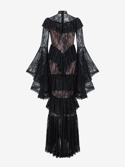 Party Dress Maxi White Stand Collar Lace Long Sleeves Shaping Flared Sleeves Chic Semi Formal Dress