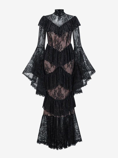 Party Dress Maxi White Stand Collar Lace Long Sleeves Shaping Flared Sleeves Chic Semi Formal Dress
