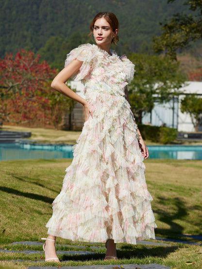 Party Dress Maxi Apricot Stand Collar Sleeveless Layered Sweet Semi Formal Dress