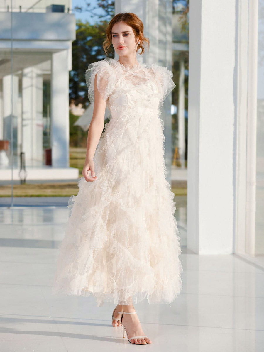 Party Dress Maxi Apricot Stand Collar Sleeveless Layered Sweet Semi Formal Dress