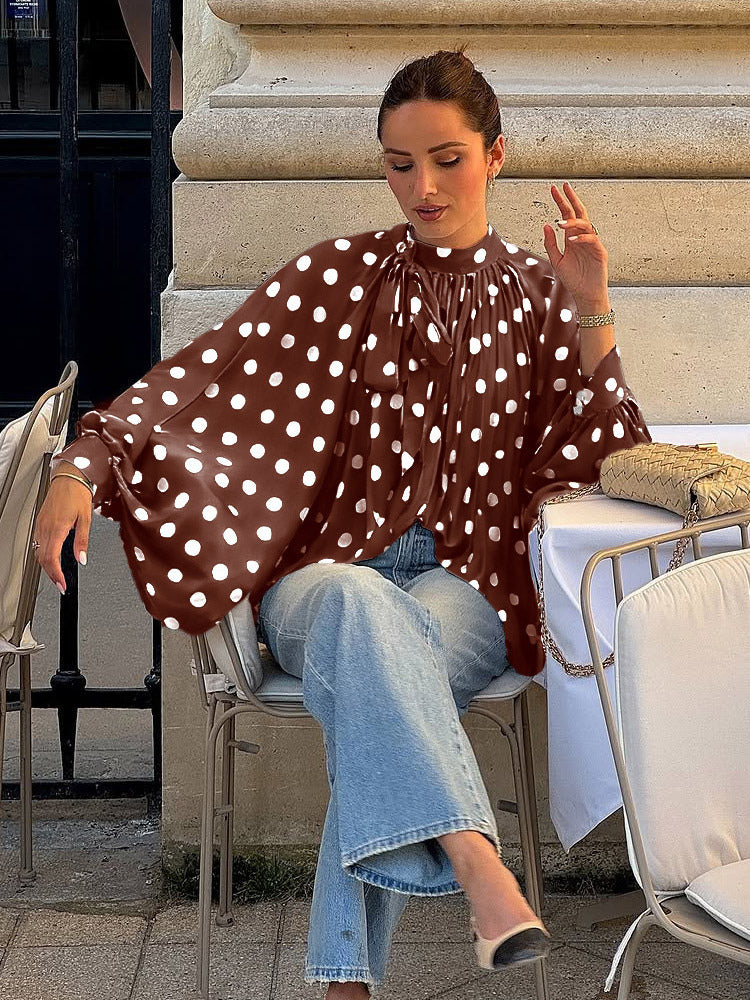 Blouse For Women Coffee Brown Polka Dot Pleated Lace Up Halter Chic Long Sleeves Tops