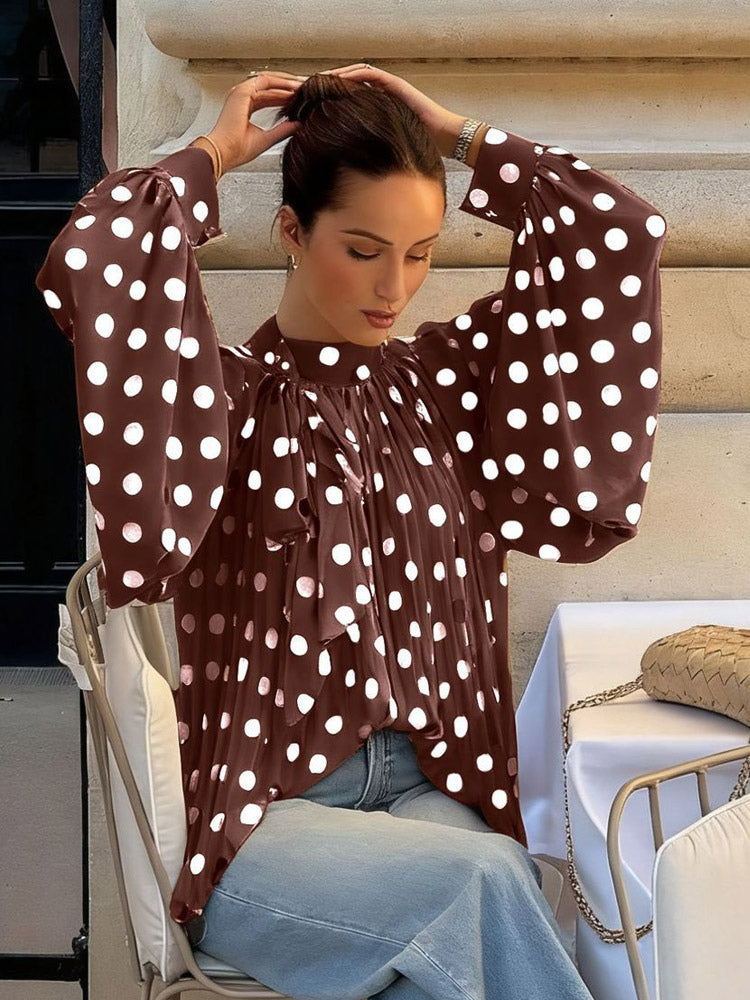 Blouse For Women Coffee Brown Polka Dot Pleated Lace Up Halter Chic Long Sleeves Tops