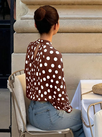Blouse For Women Coffee Brown Polka Dot Pleated Lace Up Halter Chic Long Sleeves Tops