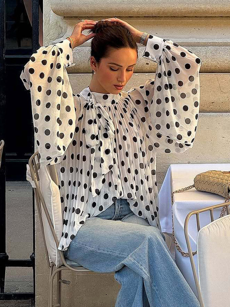 Blouse For Women Coffee Brown Polka Dot Pleated Lace Up Halter Chic Long Sleeves Tops