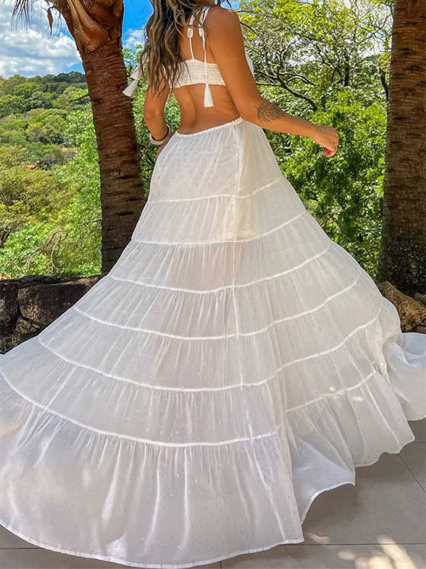 Vacation Dresses Maxi Backless Sleeveless V-Neck Sexy White Long Dress