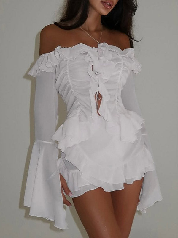 Vacation Dresses Mini Backless Ruffles Long Sleeves Off-The-Shoulder Chic Pink Dresses