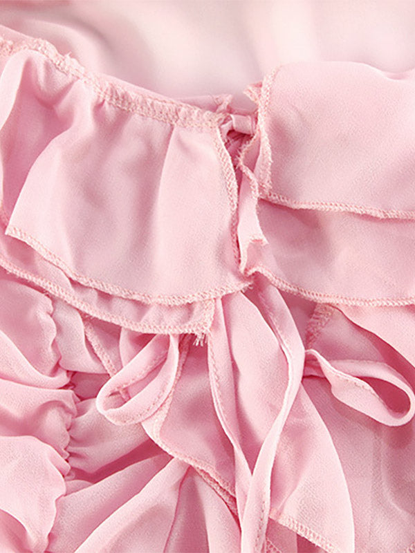 Vacation Dresses Mini Backless Ruffles Long Sleeves Off-The-Shoulder Chic Pink Dresses
