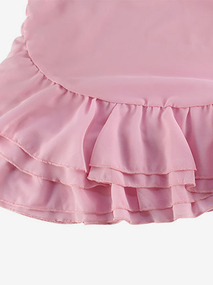 Vacation Dresses Mini Backless Ruffles Long Sleeves Off-The-Shoulder Chic Pink Dresses