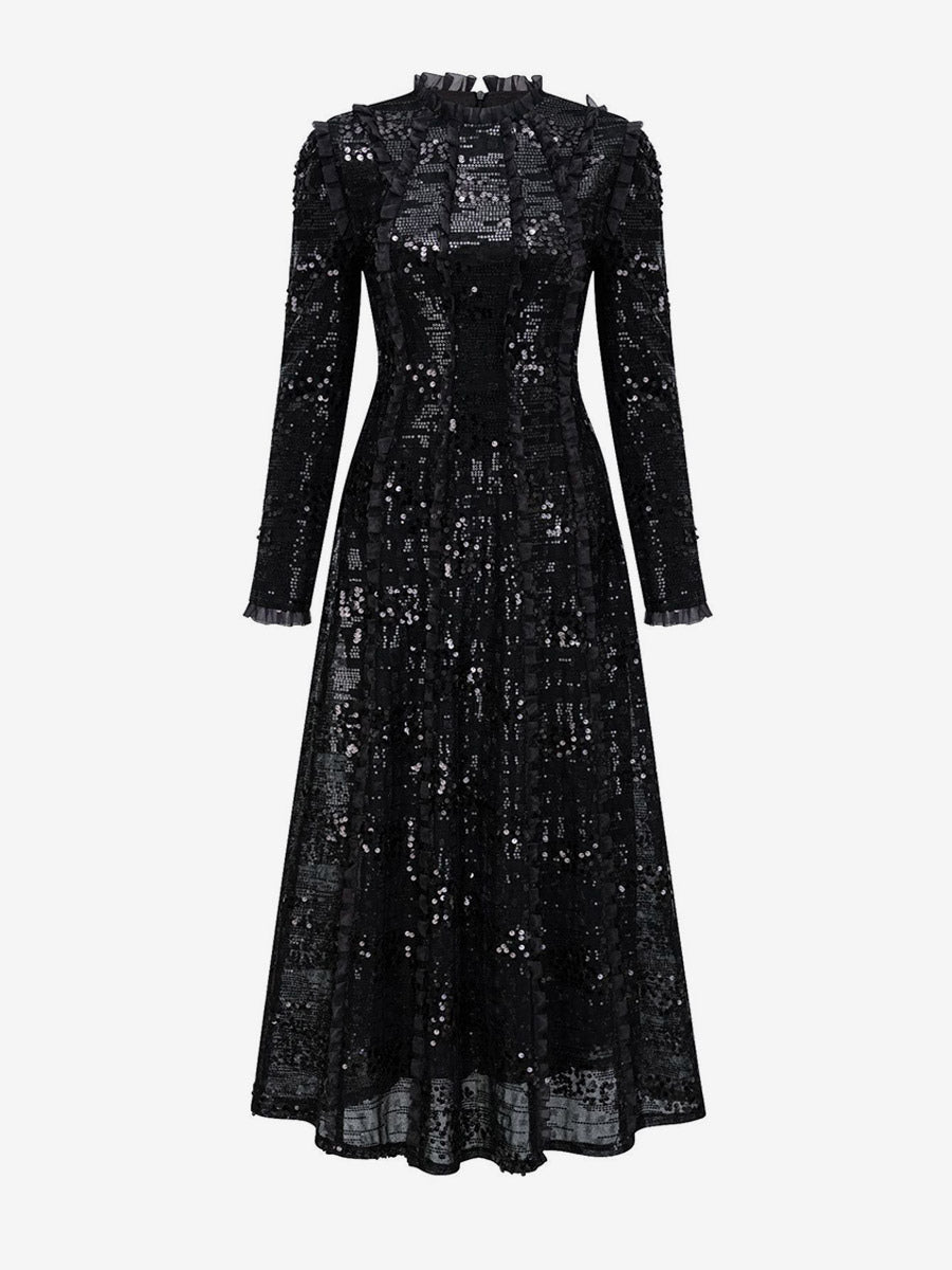 Party Dress Maxi Champagne Stand Collar Sequins Long Sleeves Elegant Semi Formal Dress