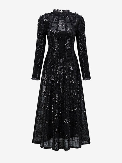Party Dress Maxi Champagne Stand Collar Sequins Long Sleeves Elegant Semi Formal Dress