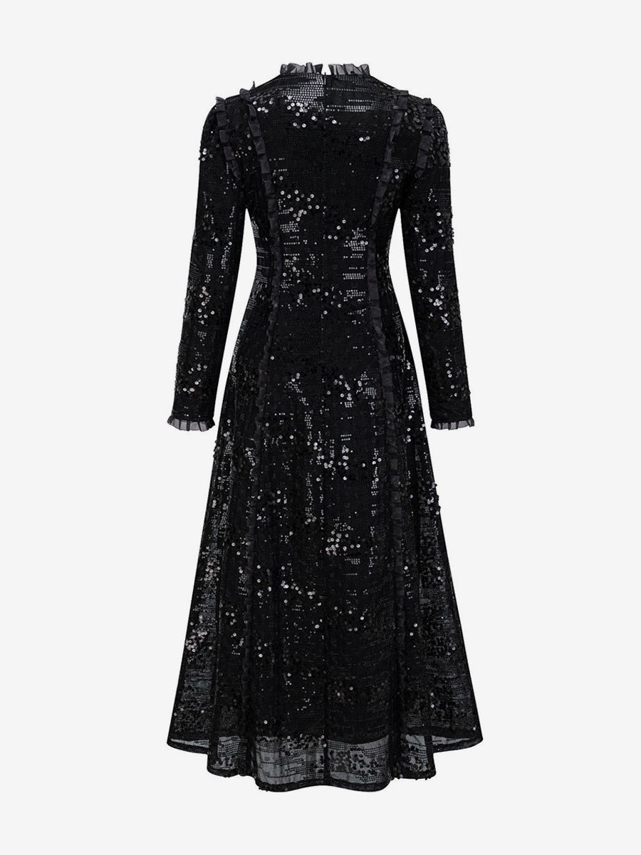 Party Dress Maxi Champagne Stand Collar Sequins Long Sleeves Elegant Semi Formal Dress