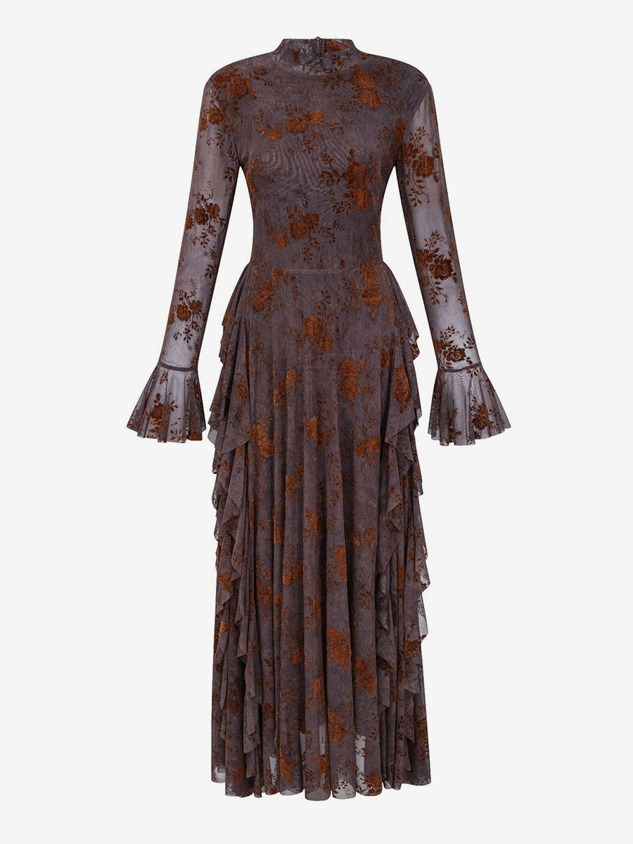 Party Dress Maxi Stand Collar Long Sleeves Floral Print Long Flared Sleeves Deep Brown Gown