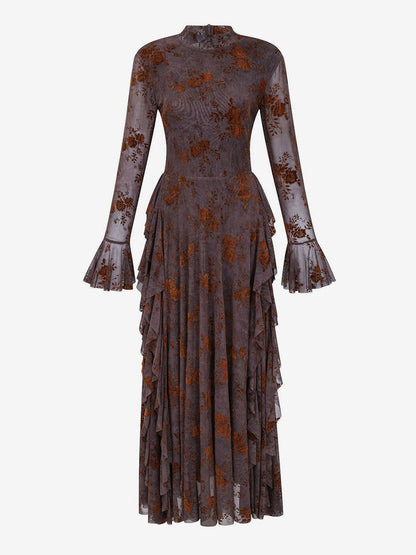 Party Dress Maxi Stand Collar Long Sleeves Floral Print Long Flared Sleeves Deep Brown Gown